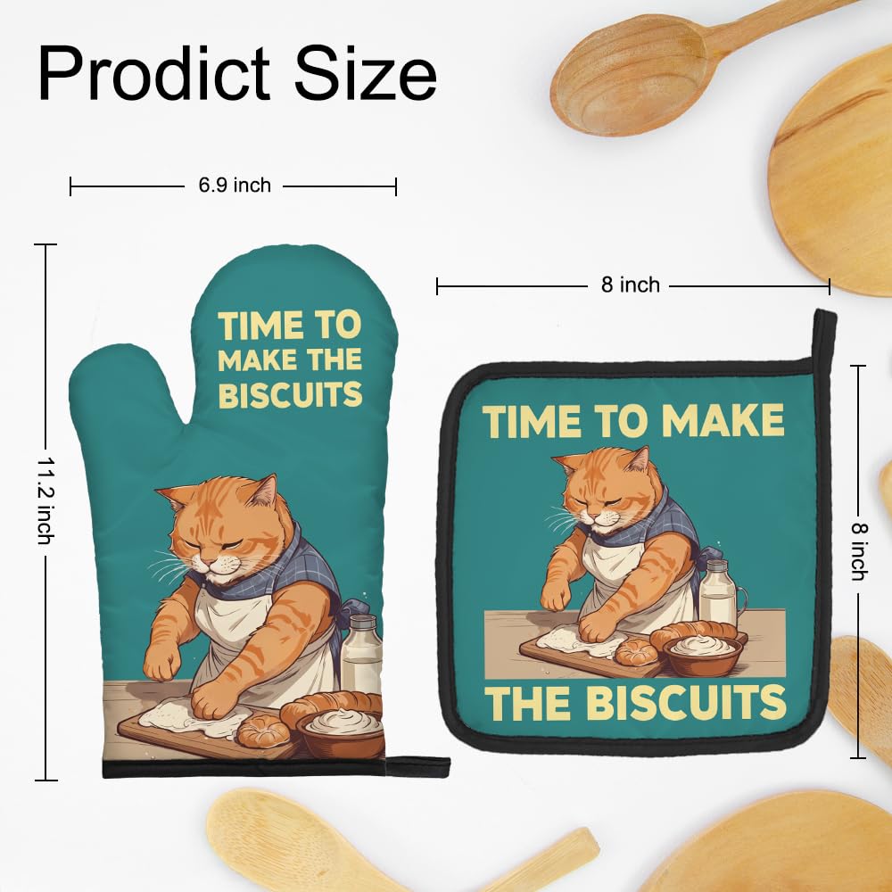 DYJYBMY Time to Make The Biscuits Funny Cat Oven Mitts and Pot Holder Set, Cute Kitchen Gadgets for Pet Lover, Housewarming Gifts for Cat Mom Dad, Bake Lover Gifts for Mom Dad Wife Husband BFF (LLS)