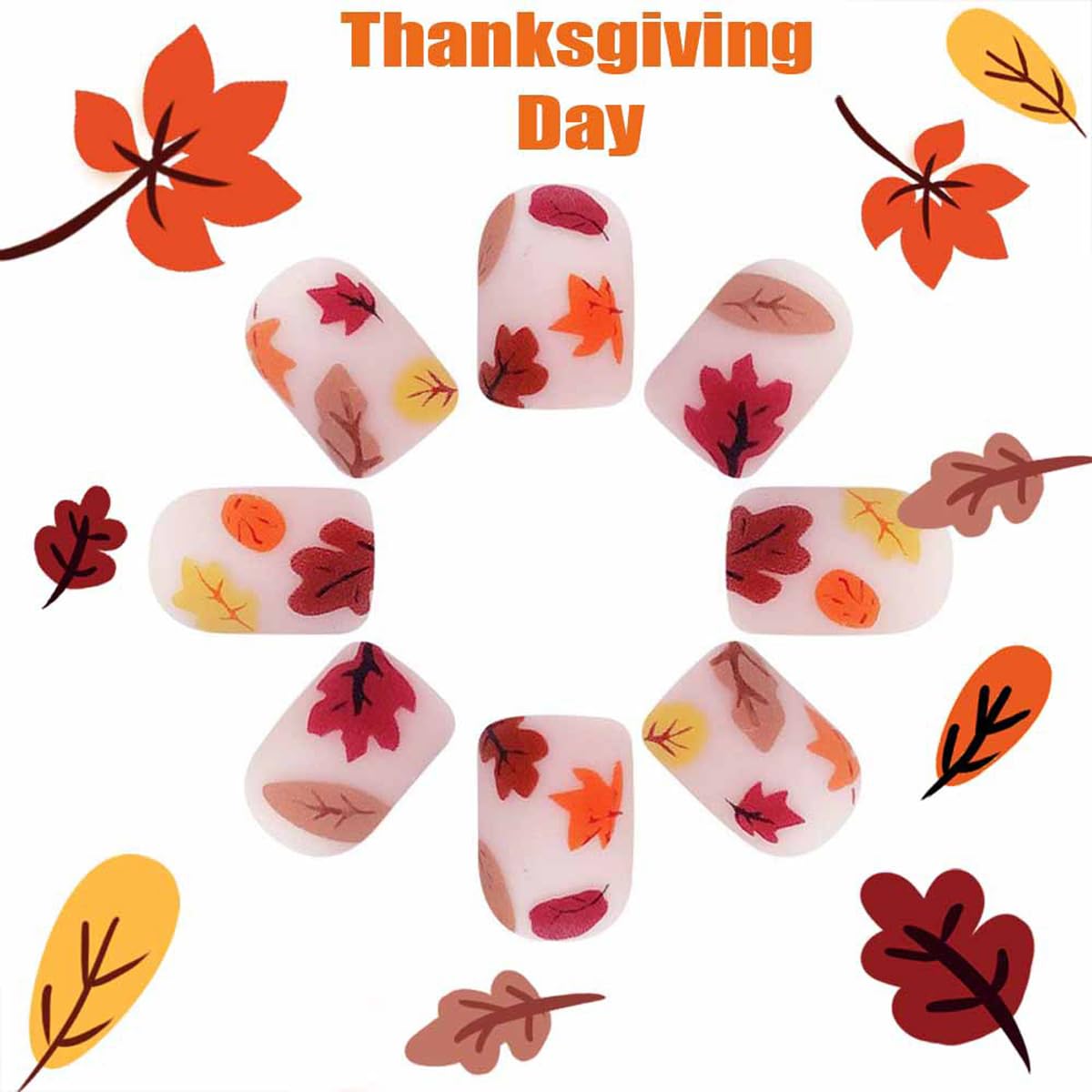 Fall Press on Nails Short Square Fake Nails Thanksgiving Nail Press ons with Autumn Maples Design,Matte Reusable Artificial Nail Full Cover Glue on Nail Stick on Nails for Women Manicure 24 Pcs
