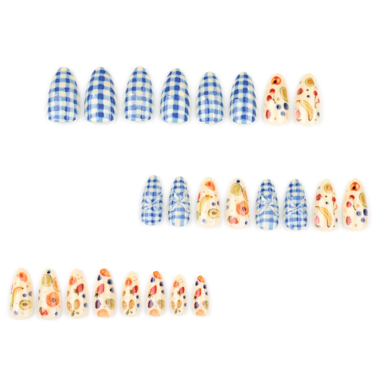 IMRAIN Almond Press on Nails Medium Fake Nails with Blue Plaid Designs Summer Cute Fruit Glossy Acrylic False Nails Full Cover Artificial Glue Stick on Nails for Women Girls