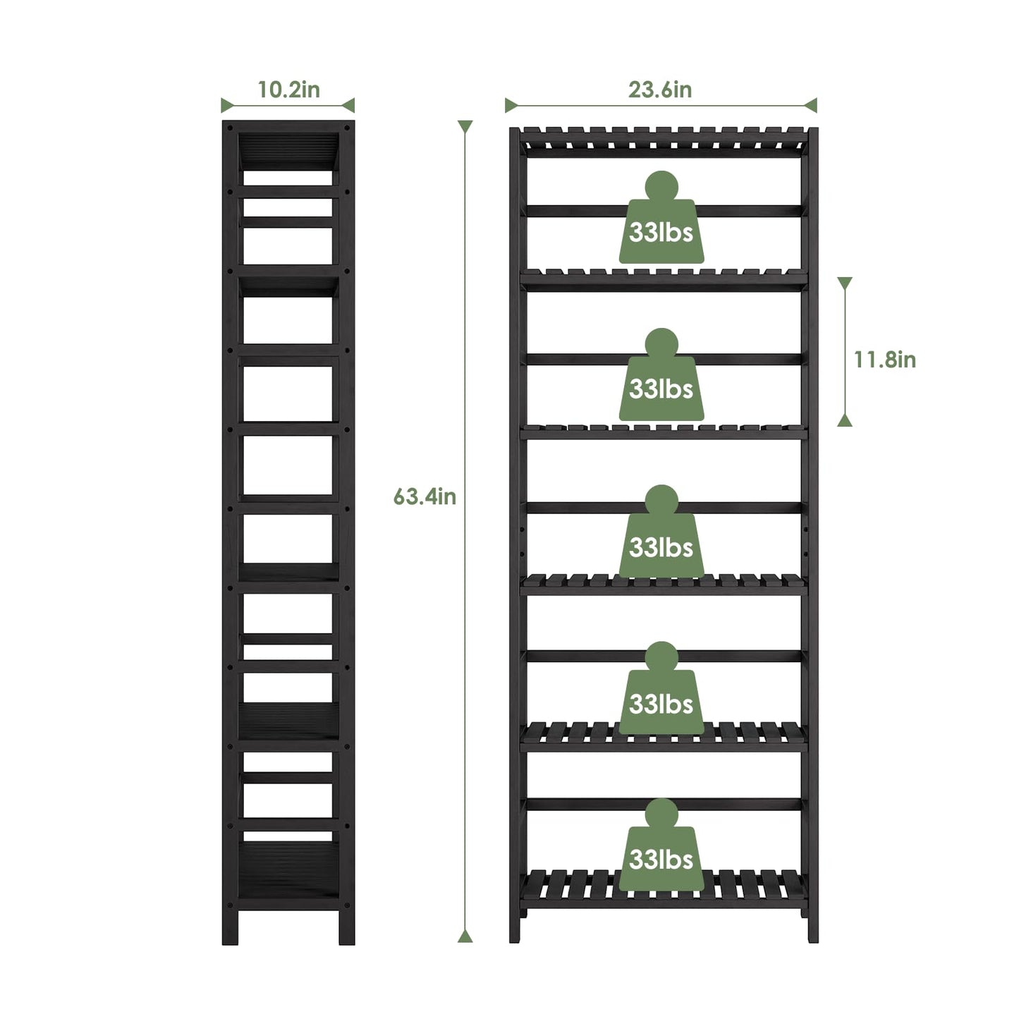 Bamjoy Bamboo Shelf, 6-Tier Bookshelf Adjustable Storage Shelves, Tall Shelving Unit Plant Stand, Storage Rack for Bathroom Home Office Living Room Kitchen, 23.6W x 10.2D x 63.4H Black