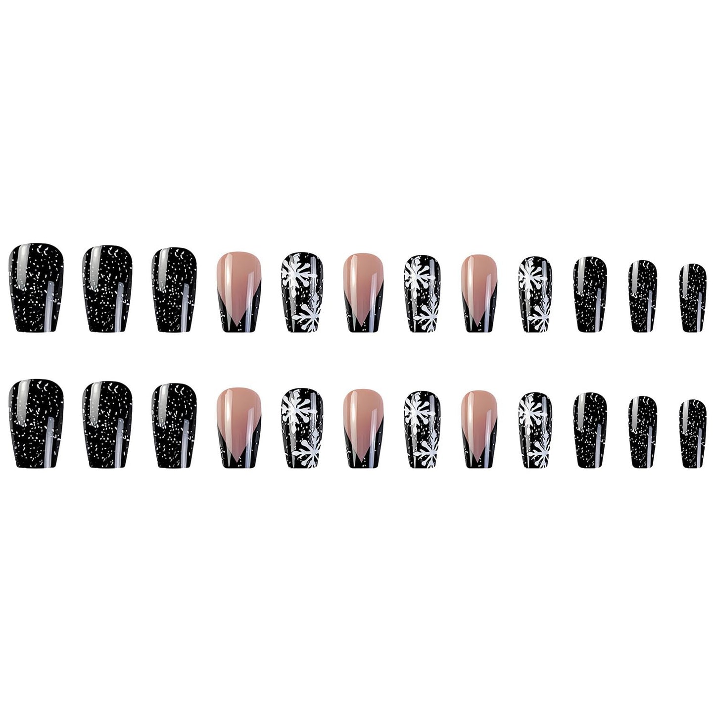 Black Christmas Press on Nails Winter Snowflake Fake Nails Medium Coffin Acrylic Glue on Nails with White Snowflake Glitters Designs Christmas Manicure False Nails for Women Nail Art Decoration 24Pcs