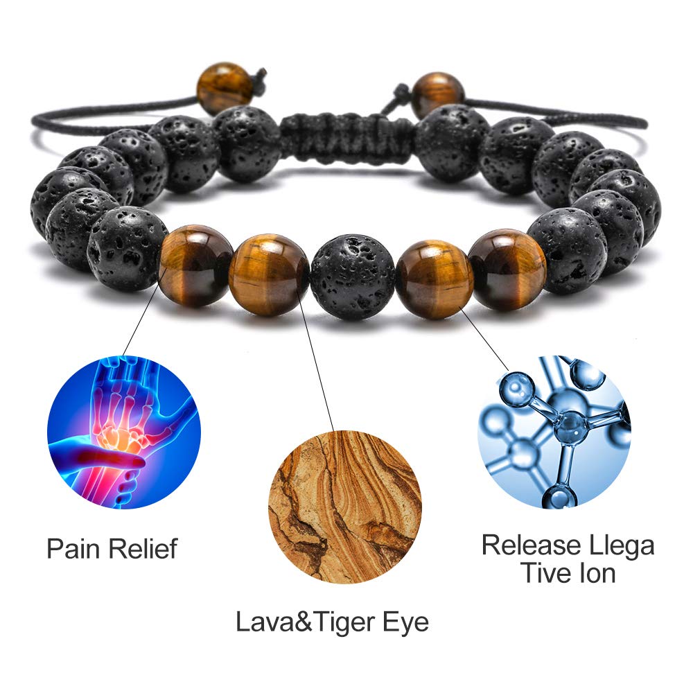 M MOOHAM Bracelets for Men Gifts - Beaded Lava Rock Tiger Eye Black Adjustable Bracelets for Mens Jewelry Gift