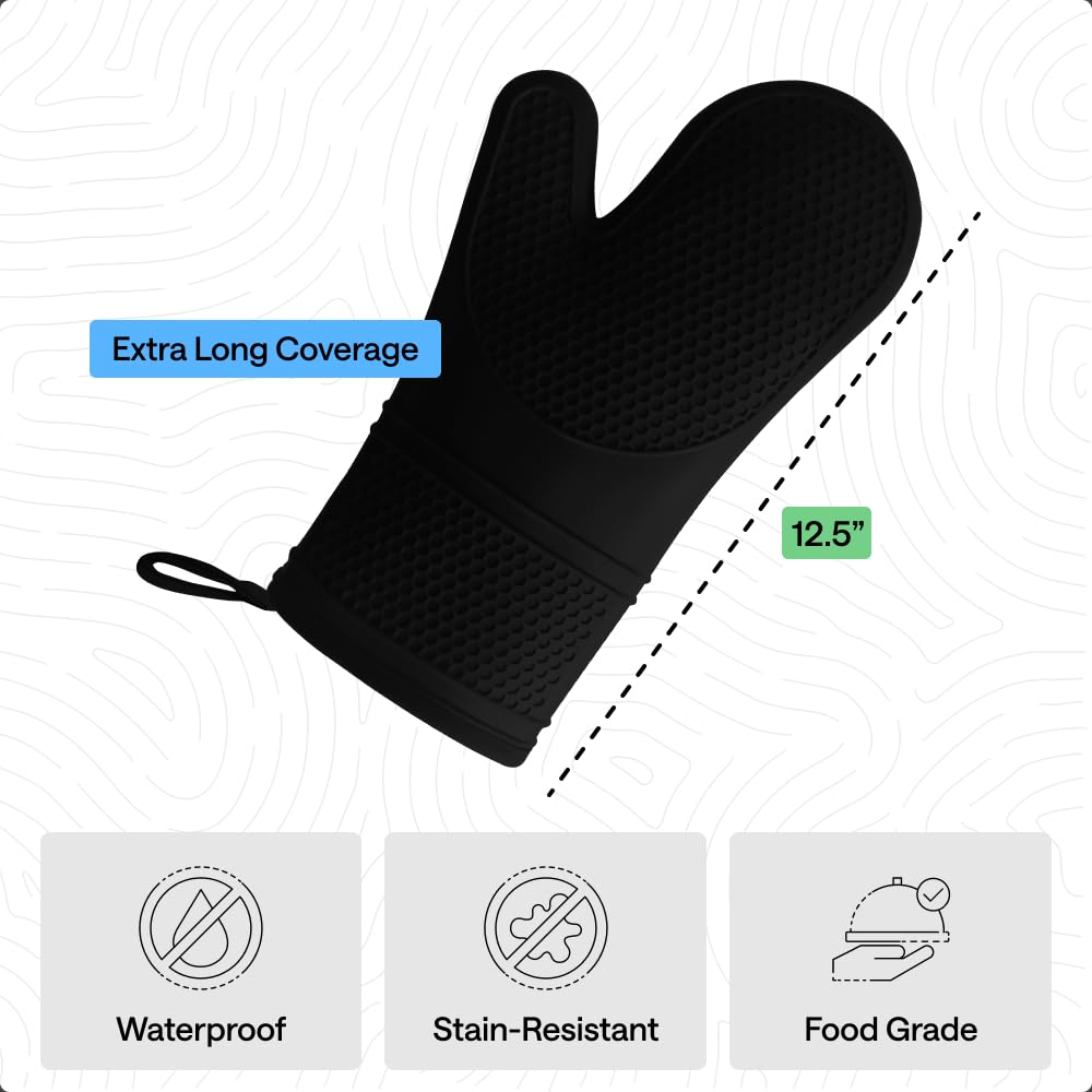GORILLA GRIP BPA-Free Soft Silicone Oven Mitts, 550F Heat Resistant Waterproof Cooking Safety Gloves, Thick Cotton Lining, Flexible Gripping for BBQ Grilling, Kitchen Potholders Set, 12.5x8.3, Black