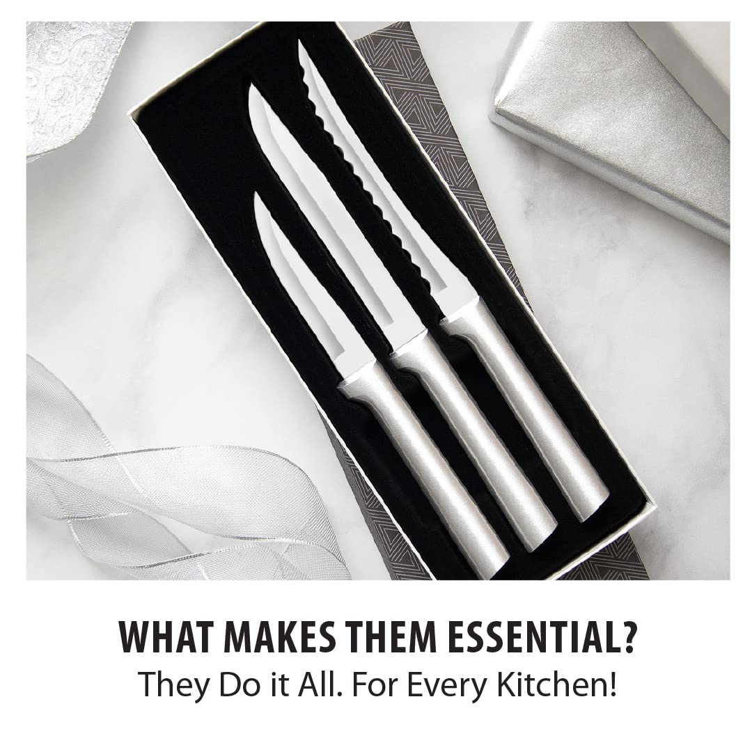 Rada Cutlery Cooking Essentials Gift Set (S49), 3-Piece Knife Set with Quick Edge Sharpener (R119), Stainless Steel Blades, Silver Handle