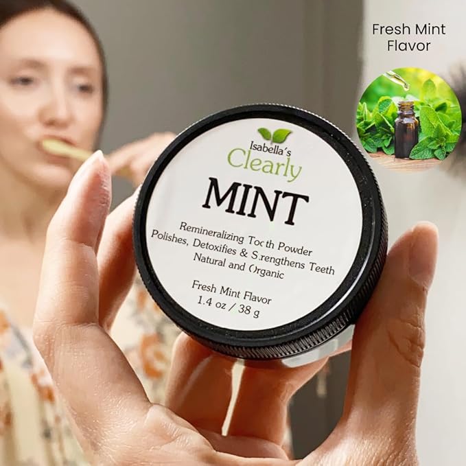 Isabella's Clearly Mint Remineralizing Tooth Powder - Natural Fluoride Free Toothpaste for Adults, Teeth Whitening, Xylitol, Baking Soda, Clay, Calcium