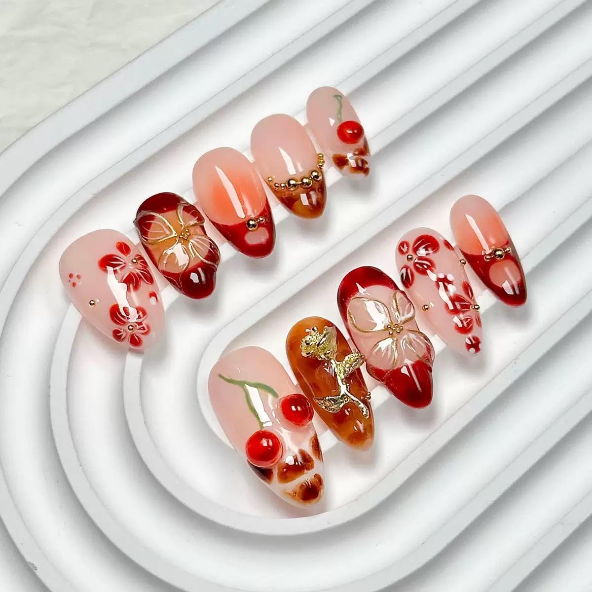 Almond Press on Nails Medium - Handmade Fake Nails with 3D Gold Flower Design - Winter Cherry Full Cover Glue on False Nails for Women - (Size S)