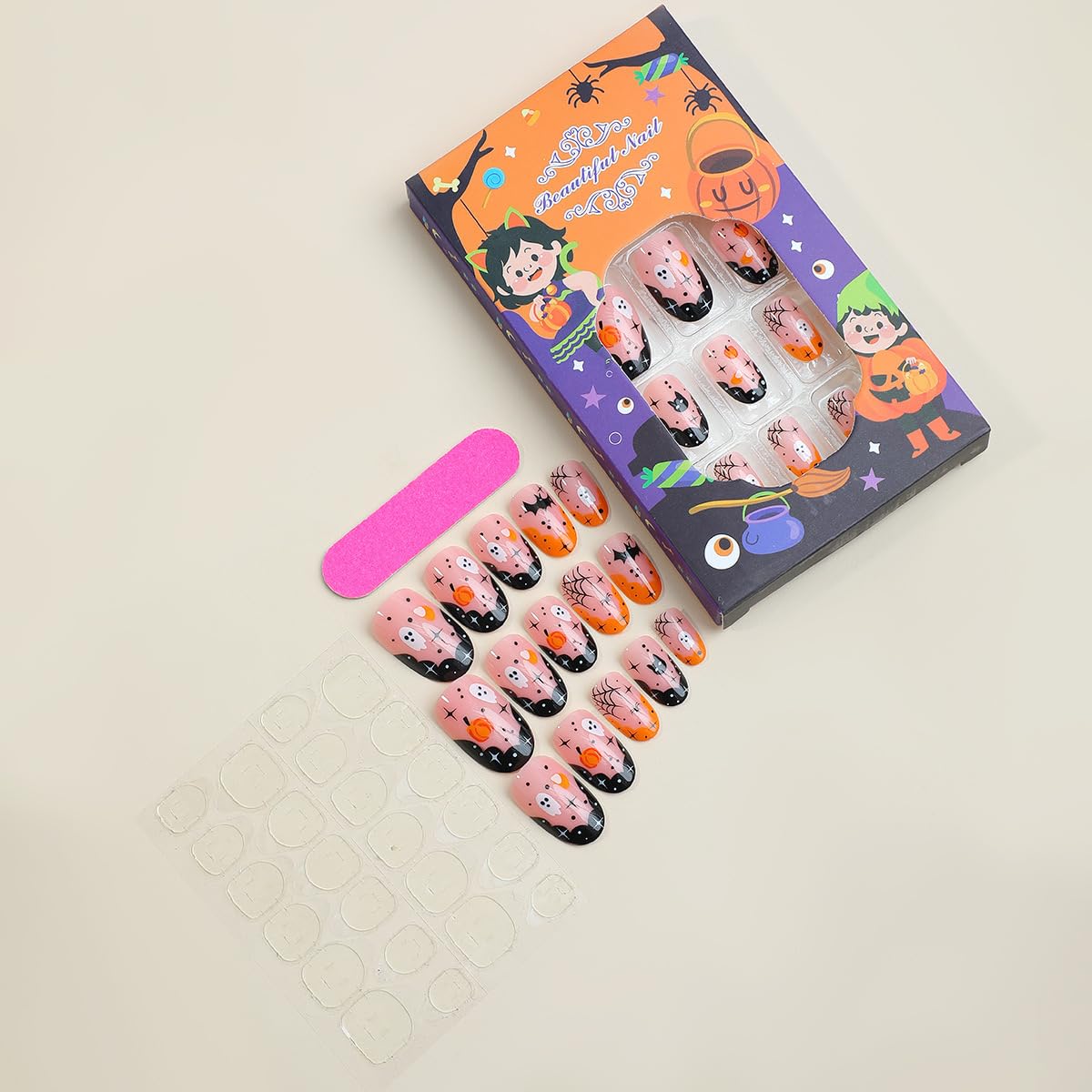 Halloween Press on Nails Short Almond Fake Nails French Tips Nail Press ons Ghost Spider Web Designs Acrylic Nails Short Oval False Nail Cute Glue on Nail for Women Girls Manicure 24Pcs