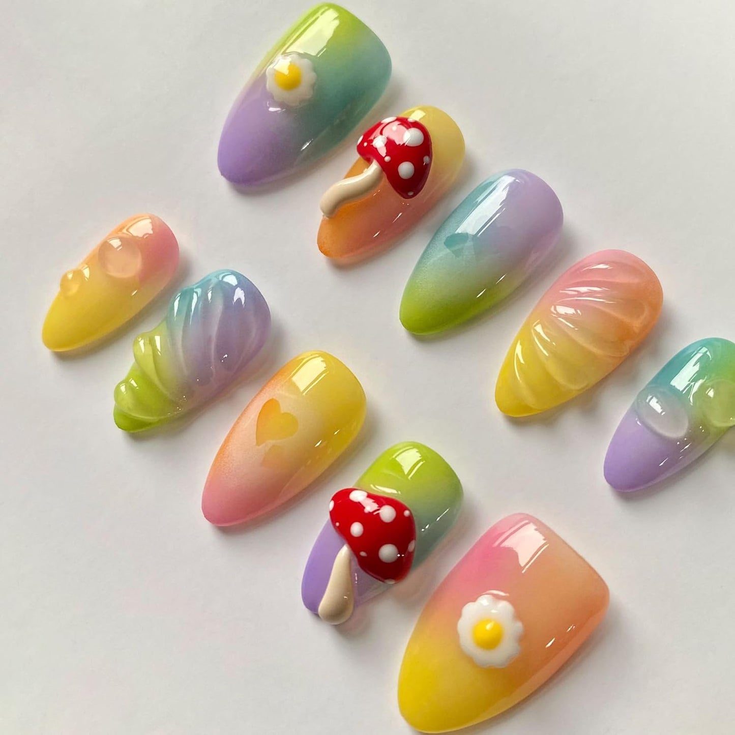 Handmade Press on Nails Short Almond 3D Unique Reusable ABS Material Cute Fake Nails Luxury False Nails with Designs Mushroom Egg Colorful Glossy Glue on Nails Thick Acrylic Nails(S)