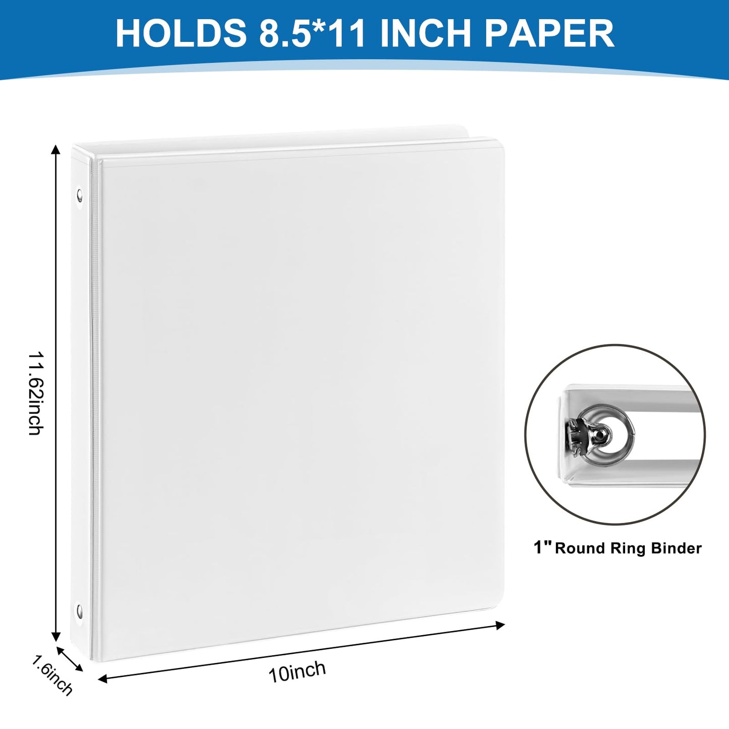 SUQJOY Durable 1-inch 3-Ring Binder, 1 Inch Round Ring Binder with 2 Inside Pockets, 8 Pack White Binder, Clear View Cover Binder Holds 8.5'' x 11''Paper for Office/Home/Back to School