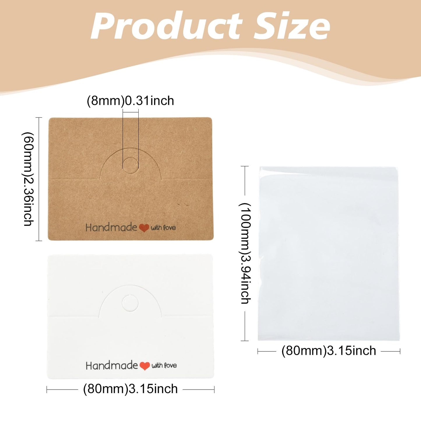 Gelirda 100Pcs Rectangle Cellophane Bags with Clear Window Handmade Packaging Pouch with Foldable Header Cards for Jewelry Packaging Accessory