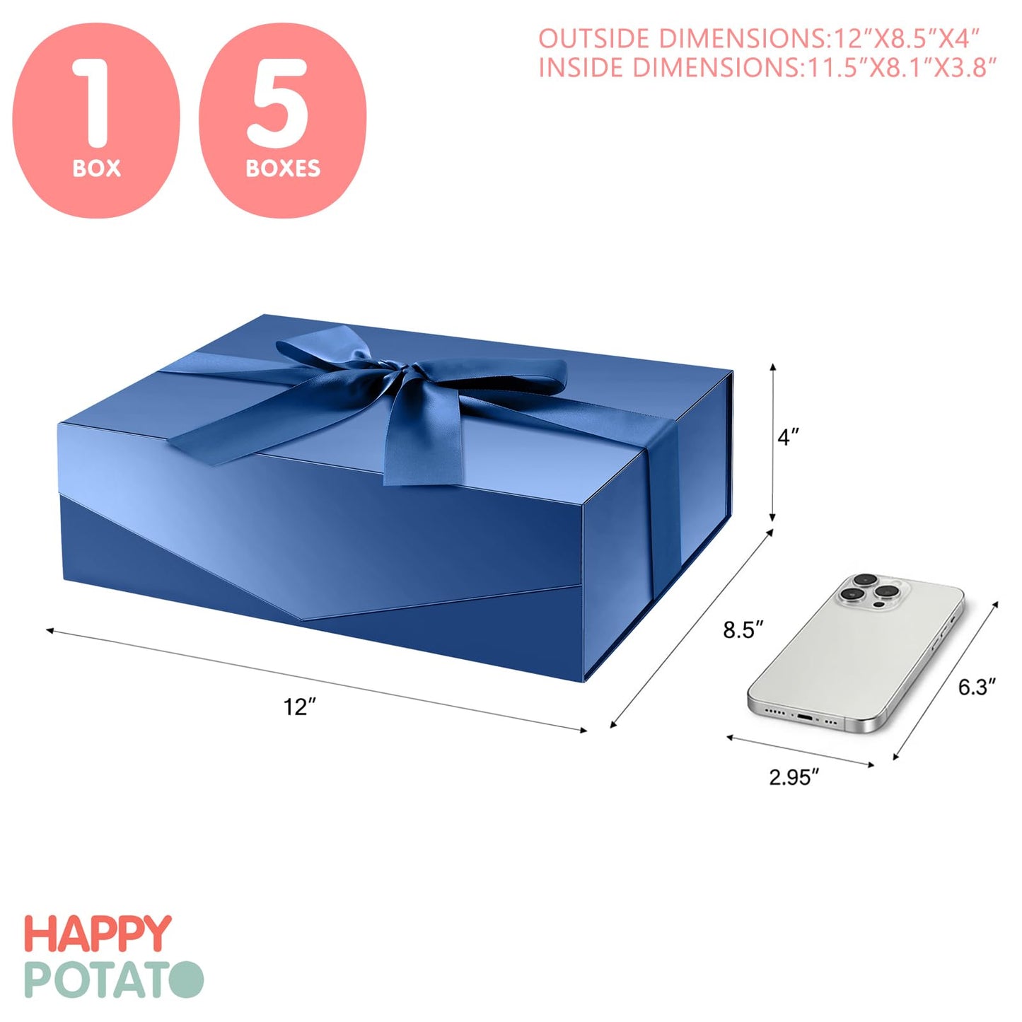 HAPPY POTATO 5 Large Gift Boxes withLid and Ribbon 11.5x8.1x3.8 Inches, Groomsmen Proposal Boxes, Magnetic Blue Gift Boxes for Presents (Glossy Blue, Pack of 5)