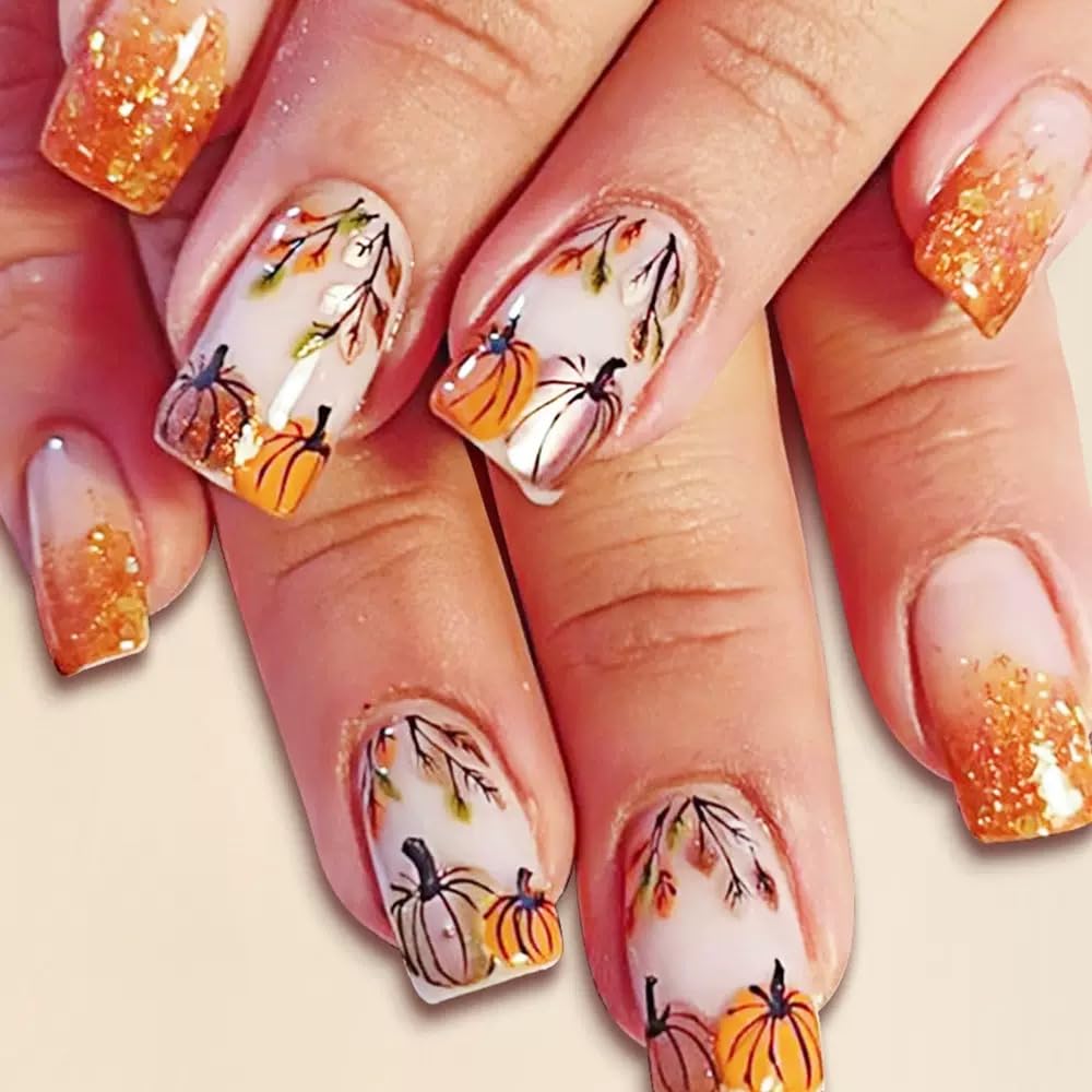 6 Packs (144 Pcs) Fall Press on Nails Medium Square, Almond Press on Nails, with Maple Leaf Design Thanksgiving Day Fake Nails for Women - 12 Sizes, 6Styles