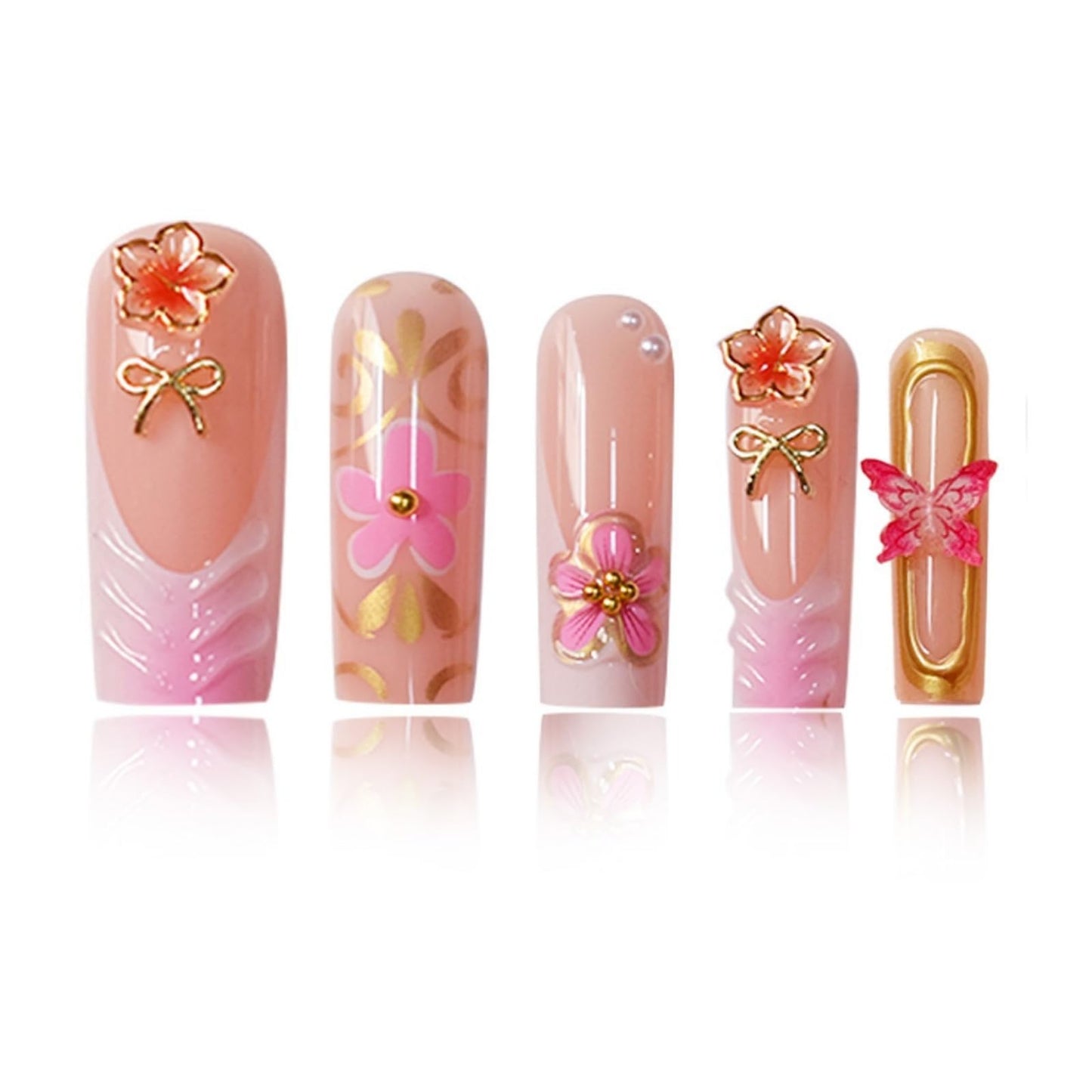 Square Press on Nails Long Fake Nails French Tip False Nails Pink Artificial Nails with Floral and Gold Charm Designs Cute Summer Nails Stick on Nails for Women 24pcs