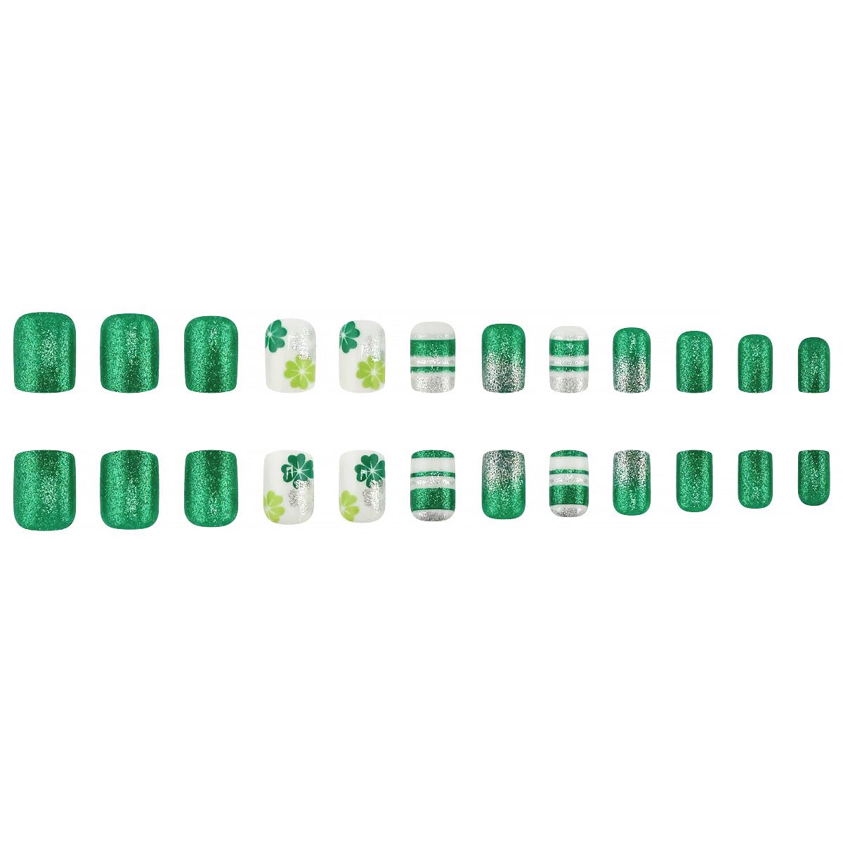 24Pcs St. Patrick's Day Press on Nails Short Square Fake Nails Green Shamrock False Nails with Glitter Line Design White Full Cover Artificial Glue on Nails Glossy Irish Stick on Nails for Women DIY