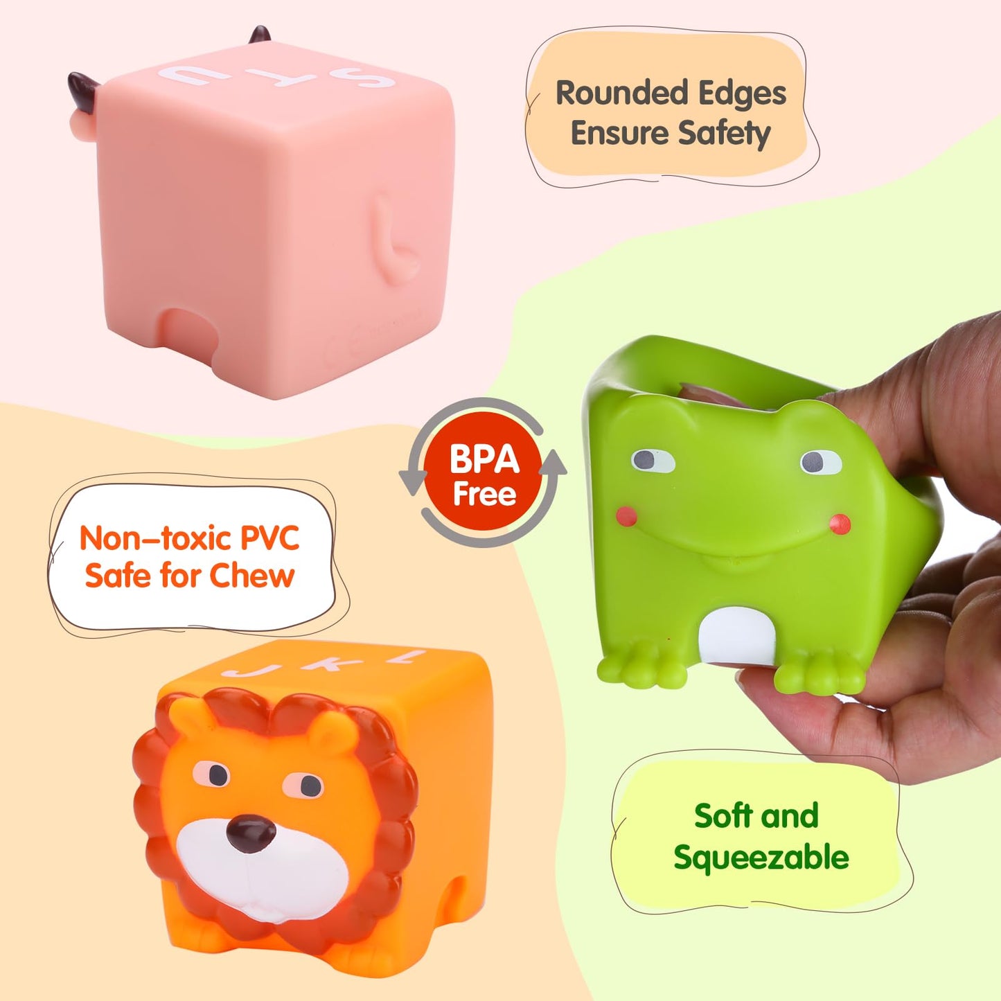 beeqoo Soft Baby Blocks – Stacking & Building Toys for Babies and Toddlers –12 Pcs No Hole Squeeze Animal Blocks – Sensory Teething Toys for Infant 6 Months+