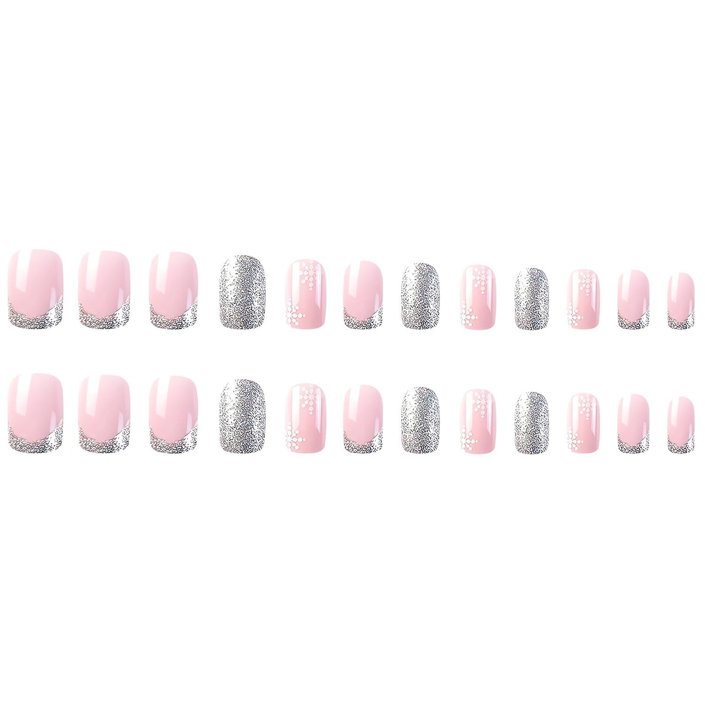 Christmas Snowflake Press on Nails French Tip Fake Nails Glossy Silver False Nails Tips with White Snowflake Designs Acrylic Nails Press ons Winter Glue on Nails Short Square Stick on Nails for Women