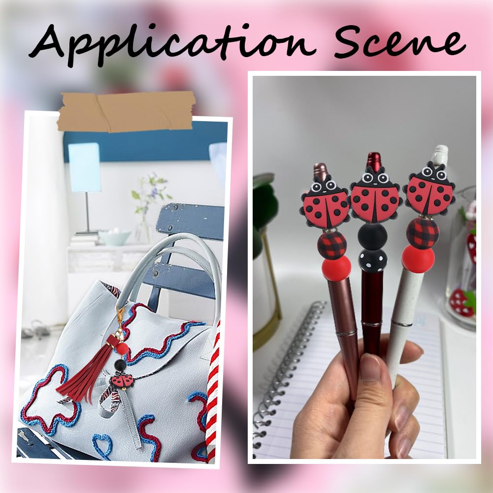 SUNNYCLUE Ladybug Silicone Beads Keychain Making Kit Ladybird Silicone Focal Beads Insect 15mm Round Black Red Beads Bulk PU Leather Tassels Key Chain Split Rings for Key Chains Making Supplies