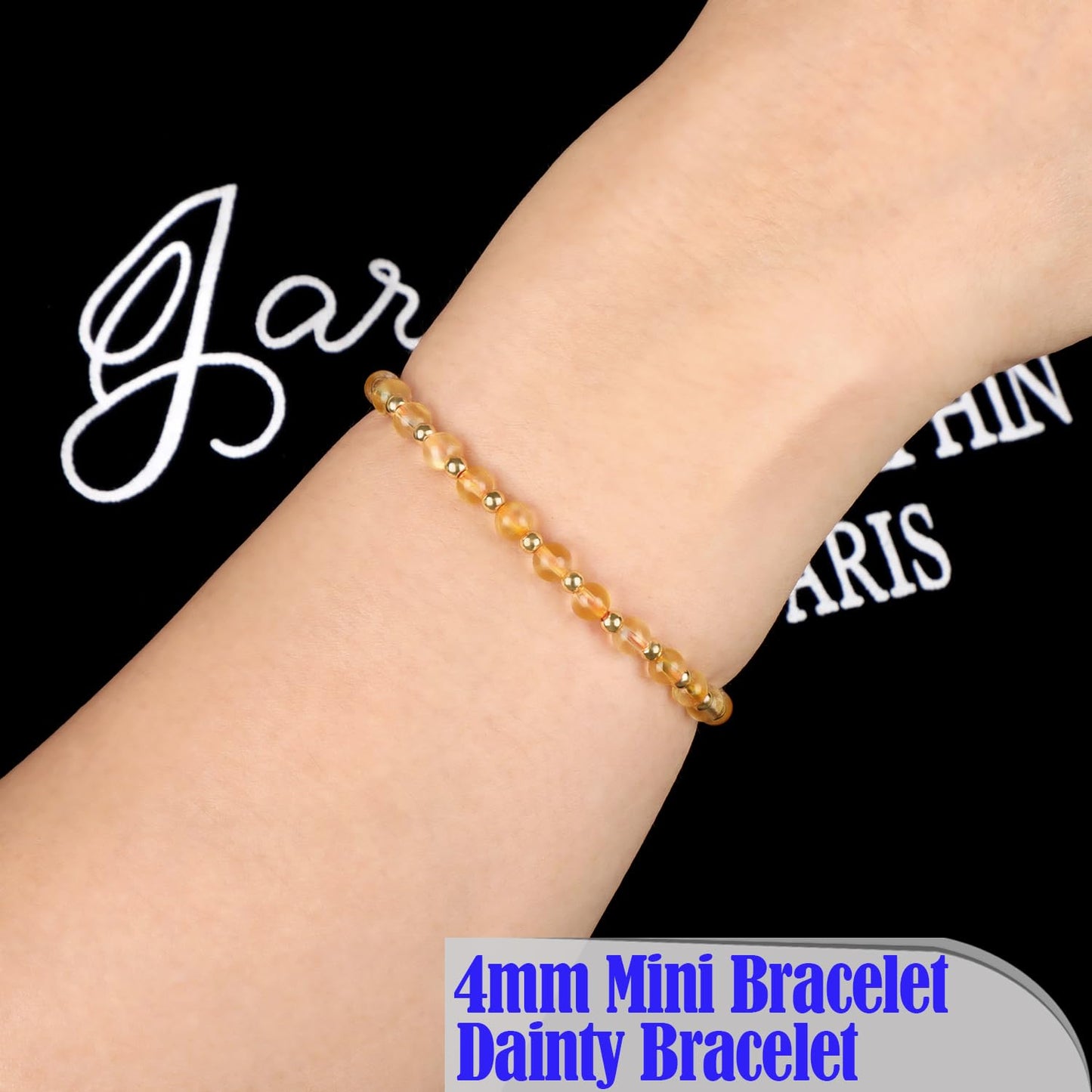 QOGIR Citrine - Stone of Wealth - 14K Gold Plated Beads Natural Gemstone Stretch Elastic Dainty Healing Beaded Bracelets Gifts 4mm