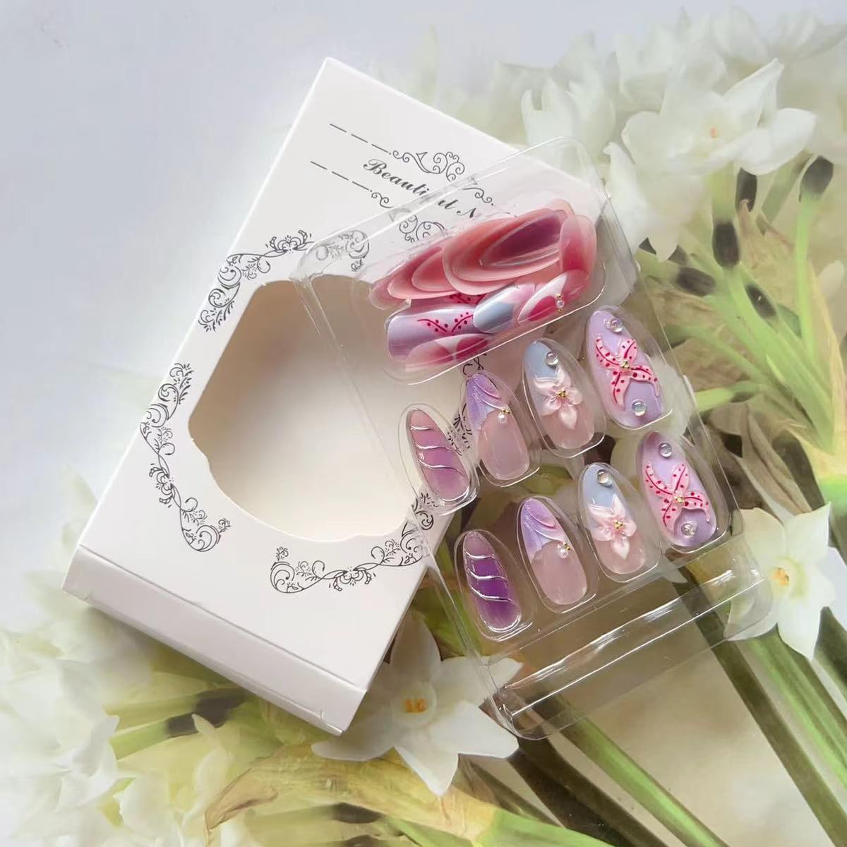 3D Almond Press on Nails Medium Fake Nails Glossy Purple False Nails with Flower Pearl Design Acrylic Glue on Nails Full Cover Stick on Nails Summer Artificial Nails for Women Girls Manicure 24Pcs