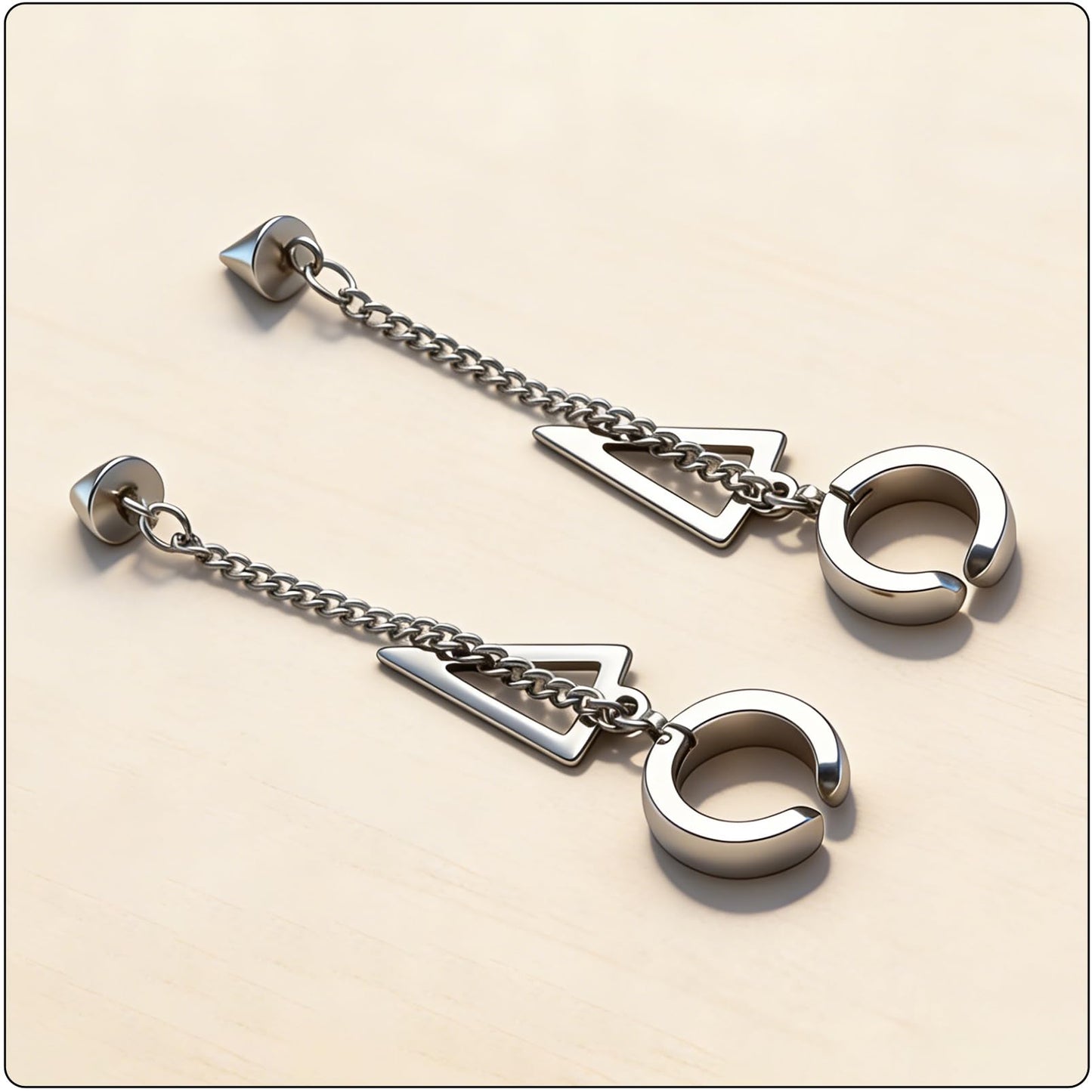 Fusamk Punk Rock Stainless Steel Triangle Ear Clip Earrings Spike Long Chain Dangle Earrings(Silver)