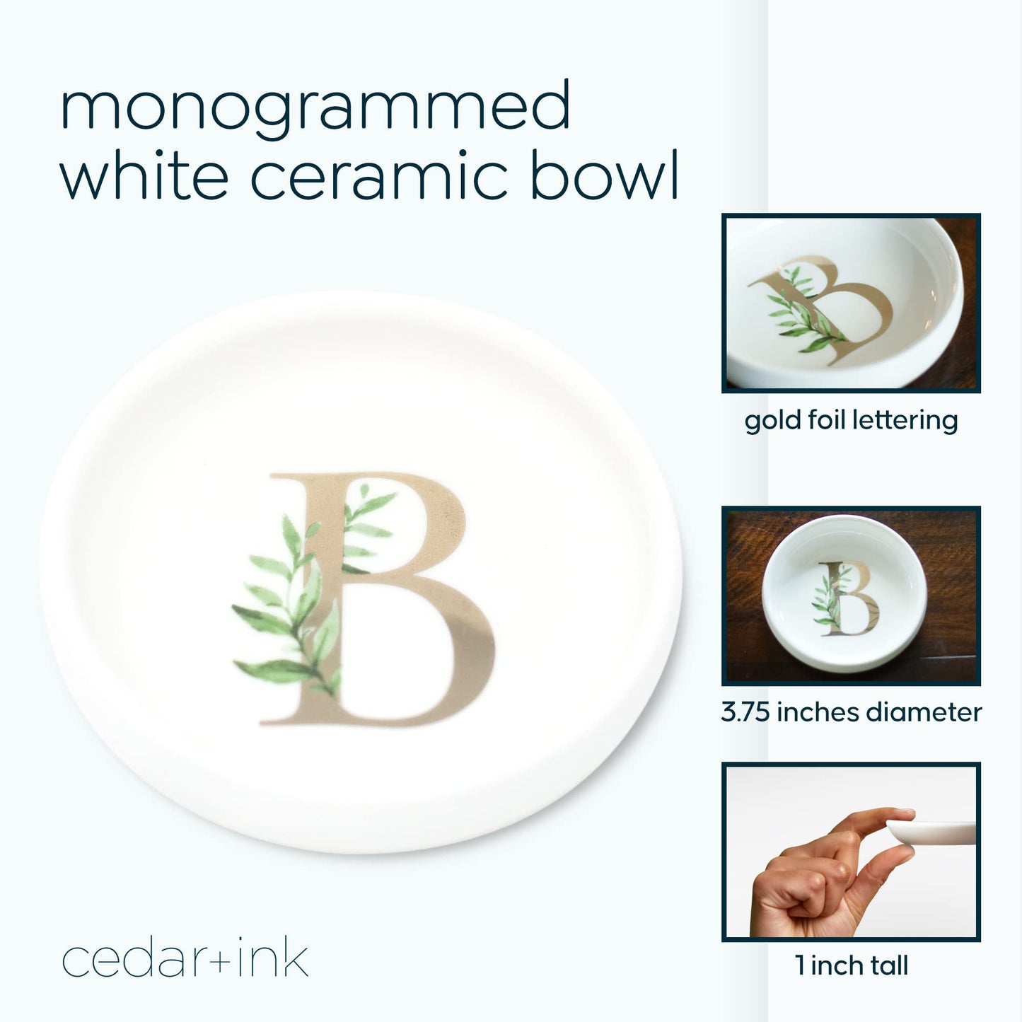 Trinket Tray Ring Dish with Personalized B in Gold Foil and Greenery - White Ring Dish - Monogrammed Trinket Dish or Jewelry Bowl - Cedar & Ink (B)