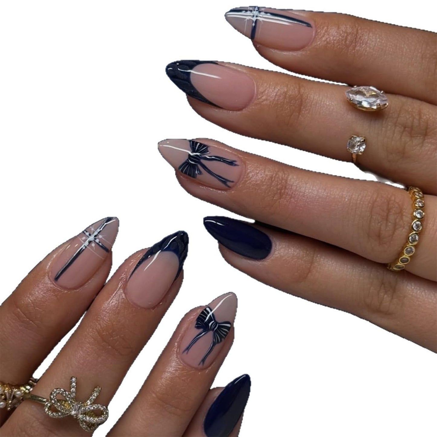 Navy Blue Press on Nails Short Almond Fake Nails with Bow Designs French Tip Fale Nails Glossy Full Cover Glue on Nails Snowflake Nails Press ons for Women Holiday DIY Nail Art Decor