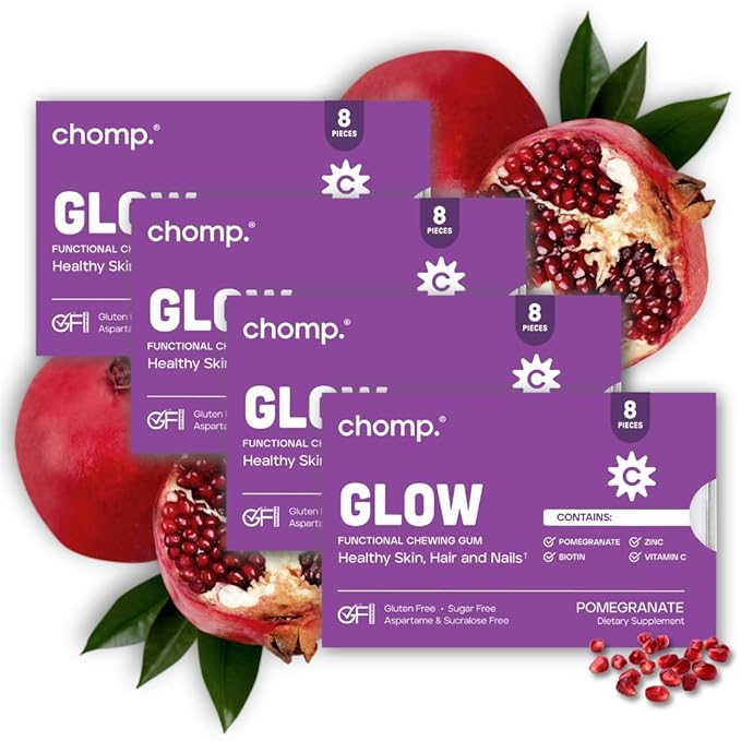 Chomp Gums - Glow - Beauty Gum (12 Pack) - Healthy Chewing Gum - Pomanox + Biotin + Zinc - Supports Healthy Skin, Hair, & Nails - Pomegranate Flavor - Gluten & Sugar Free - Aspartame & Sucralose Free