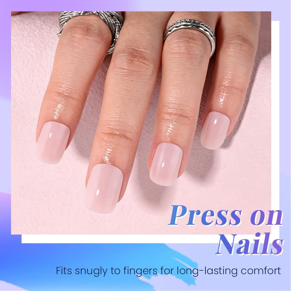 evpct Soft Pink Glossy Squoval Short Press on Nails for Women, Pink Extra Short Squoval No Glue Stick on Nails with Kit, Reusable Full Cover Soft Press on Acrylic Fake Nail Salon-quality Perfectly Fit