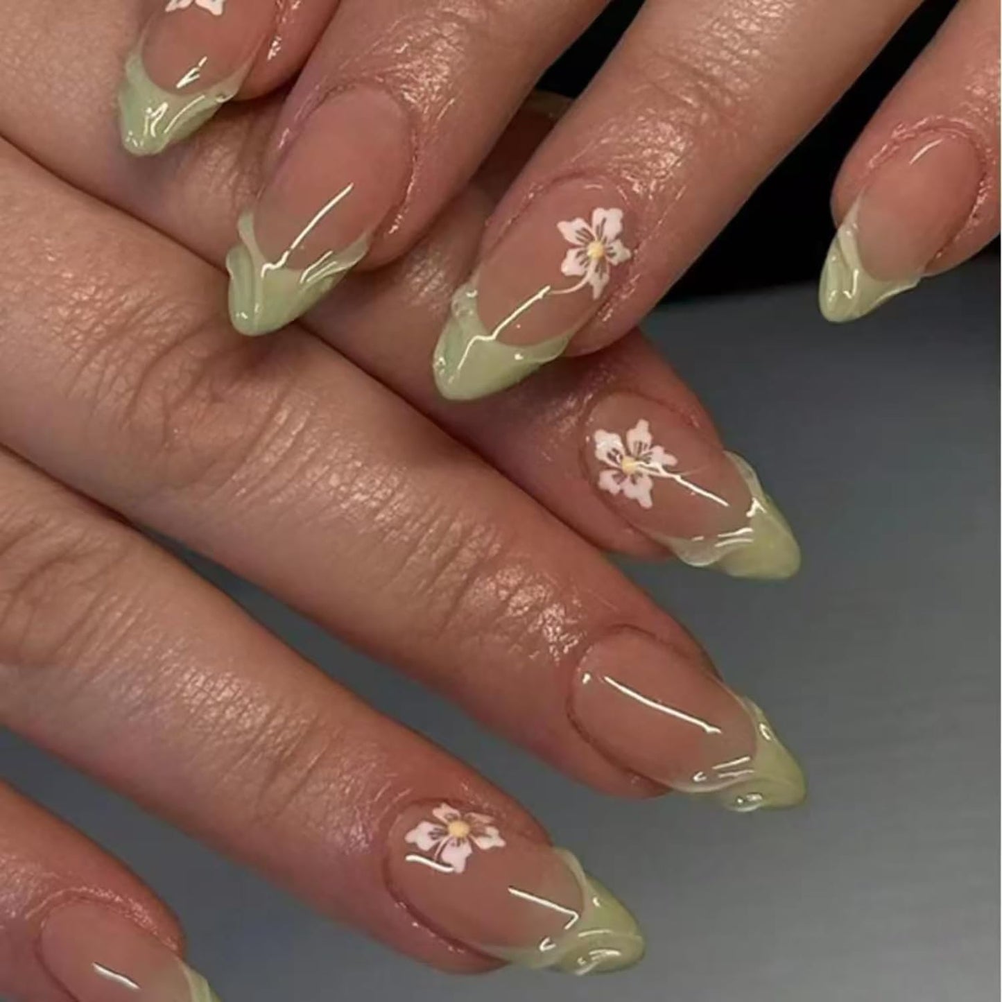 CJDLTS Green French Tip 3D Acrylic False Nails Flower Press on Nails Almond Medium Length Full Cover Glossy Nude Artificial Fingernails White Floral Pattern Design 24Pcs DIY Glue on Nails for Women