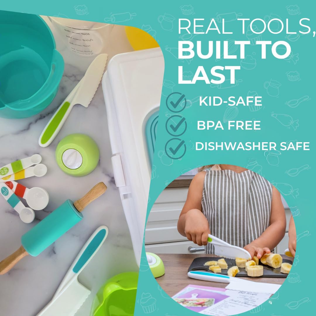 Tovla JR Kids Real Cooking and Baking Ultimate Gift Set | Montessori Kid-Safe Knives, Apron, Visual Cookbook, Timer, Storage Case & Tools | Premium Christmas & Birthday Gift for Girls & Boys