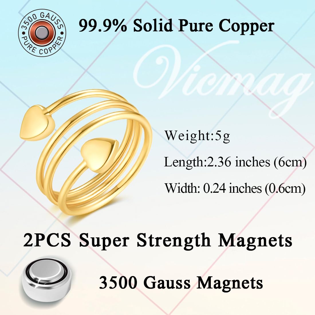 Vicmag Copper Magnetic Ring for Women Ring Ladies Fingers Thumb 99.9% Solid Pure Copper Gift 2PCS Adjustable (Gold Heart)