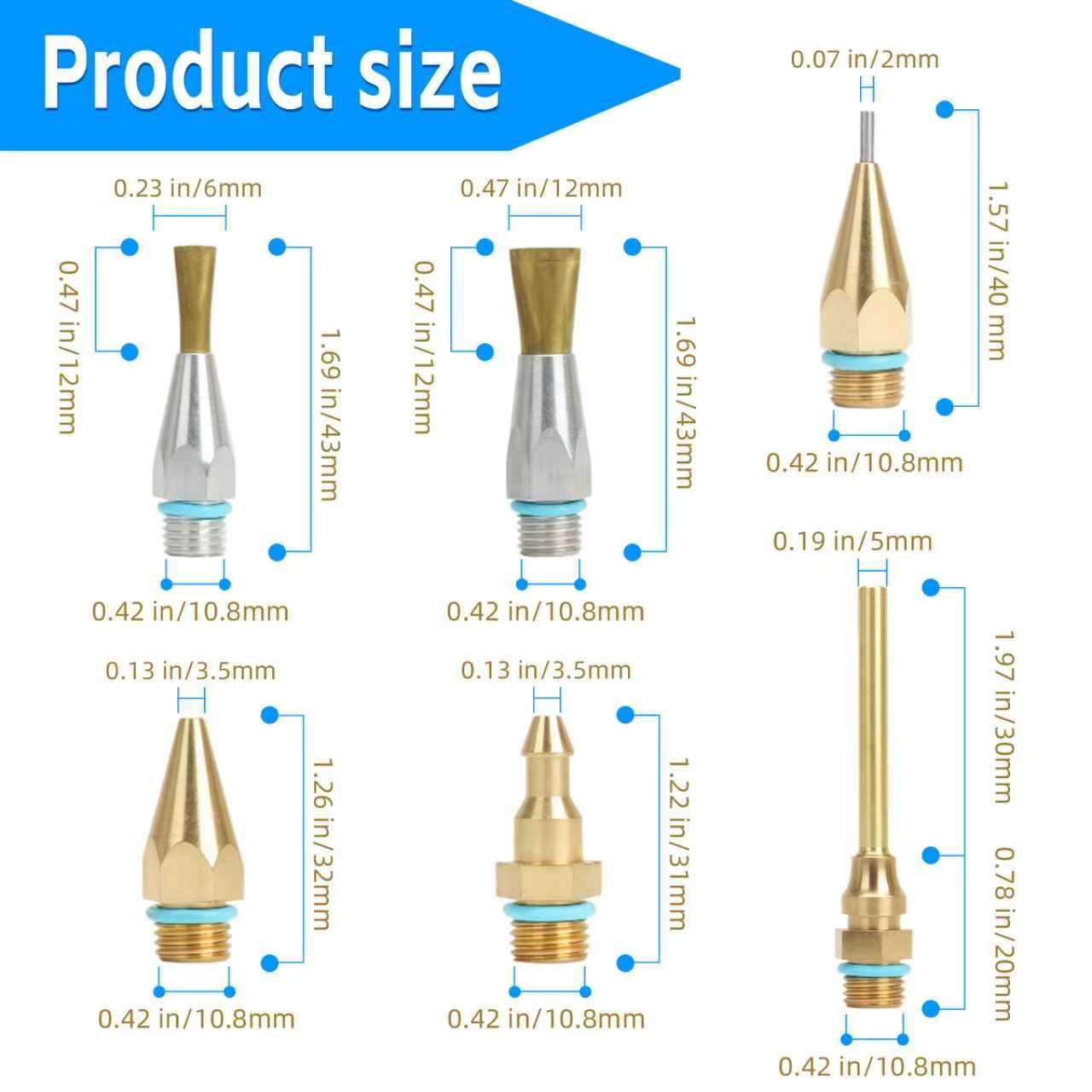 Premium 6-Piece Copper Hot Glue Gun Nozzle Set with Wrench and O-Rings - Includes 2 Flat Nozzles, Interchangeable Heat Gun Attachments for Precision Crafting and DIY Repairs