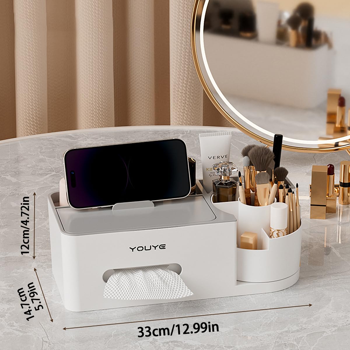 Aiabaleaft Multifunctional Organizer Rotating Brush Holder Makeup Organizer With Tissue Box for Study Table Living Room Dressers Home Office (Gray)