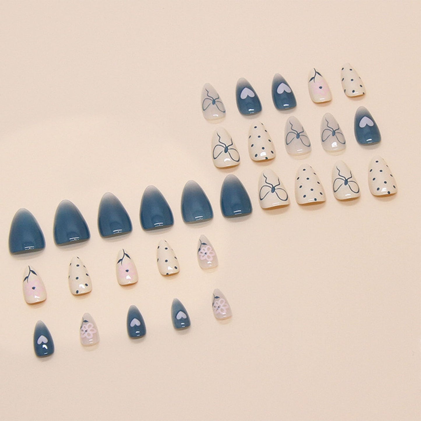 IMRAIN Press on Nails Almond Medium Fake Nails Blue Bow White Glossy Artificial False Nails Gel Manicure Stick on Nails for Women 24Pcs