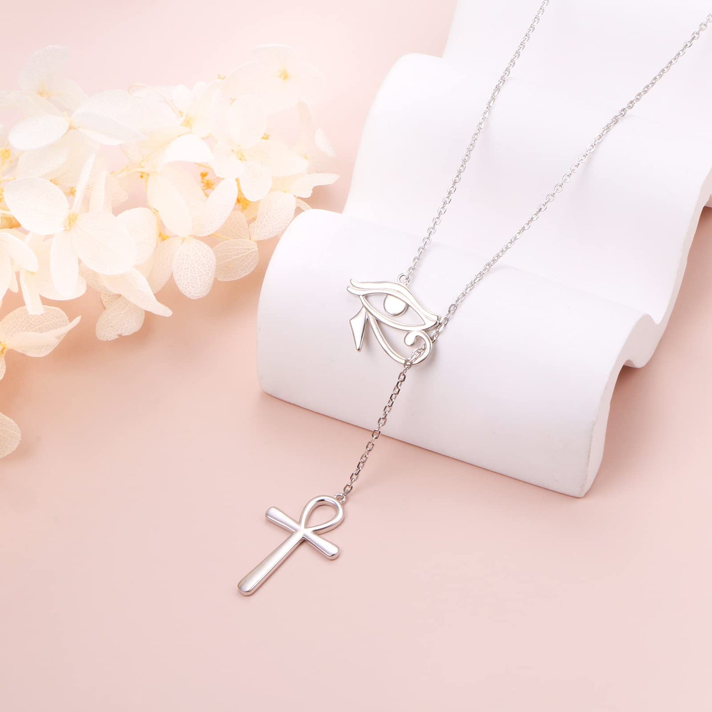 DAOCHONG Long Necklace Sterling Silver Ankh necklace Womens Egyptian Eye of Horus Y Lariat Long Chain Drop Adjustable Necklace Gift for Her, 30"