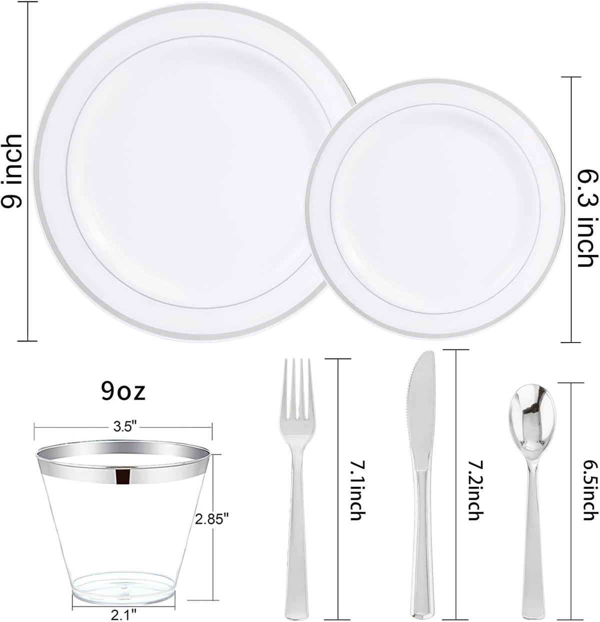 WELLIFE 600 Pcs Sliver Disposable Dinnerware for 100 Guests, Dinnerware Set of 100 Dinner Plates, 100 Salad Plates, 100 Spoons, 100 Forks, 100 Knives, 100 Cups