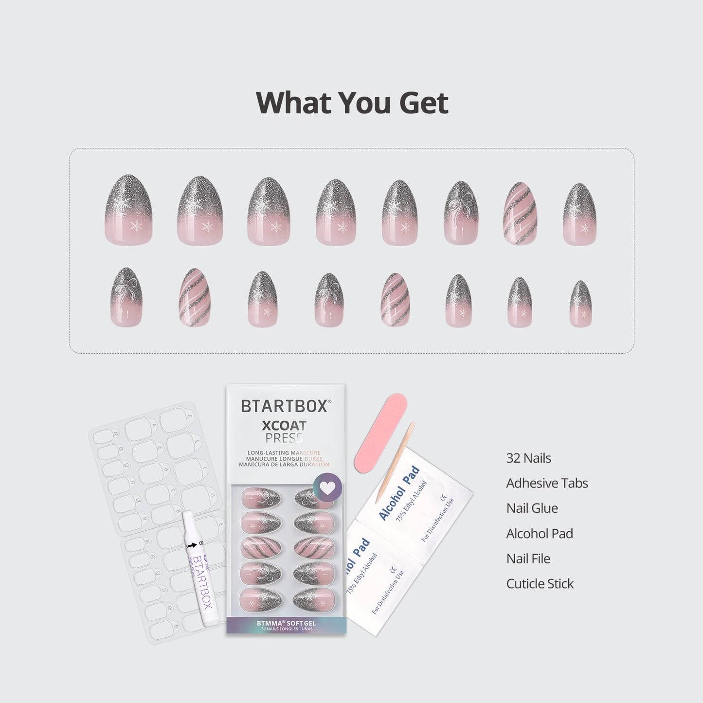 BTArtbox French Tip Press On Nails - Sparkle Bow, Lamp-Curable Short Almond Press On Nails with Glue and Adhesive Tabs for Women in 16 Sizes - 32 Soft Gel Glue On Nails Kit