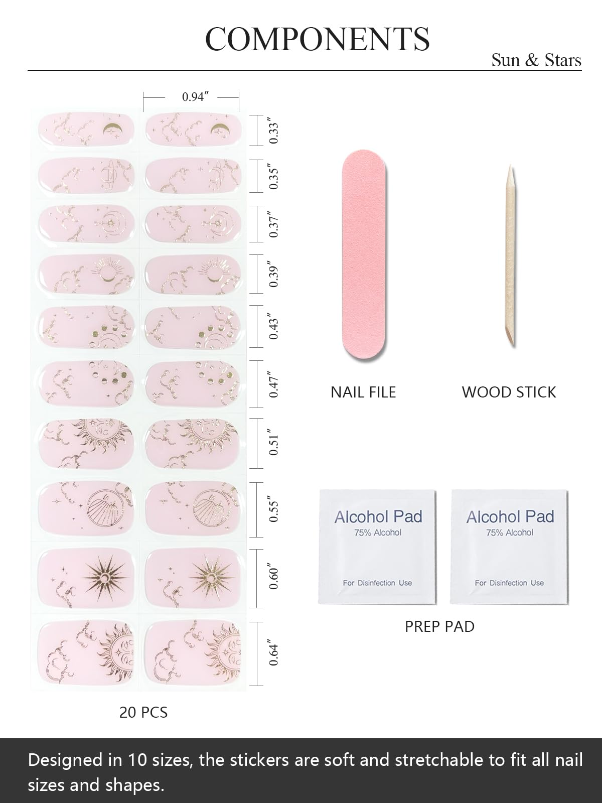 AutyaMee Semi Cured Gel Nail Strips (Sun & Stars), Pink, 20 Pcs Gel Nail Wraps, Stickers, UV Light Required, Salon Quality, Long Lasting