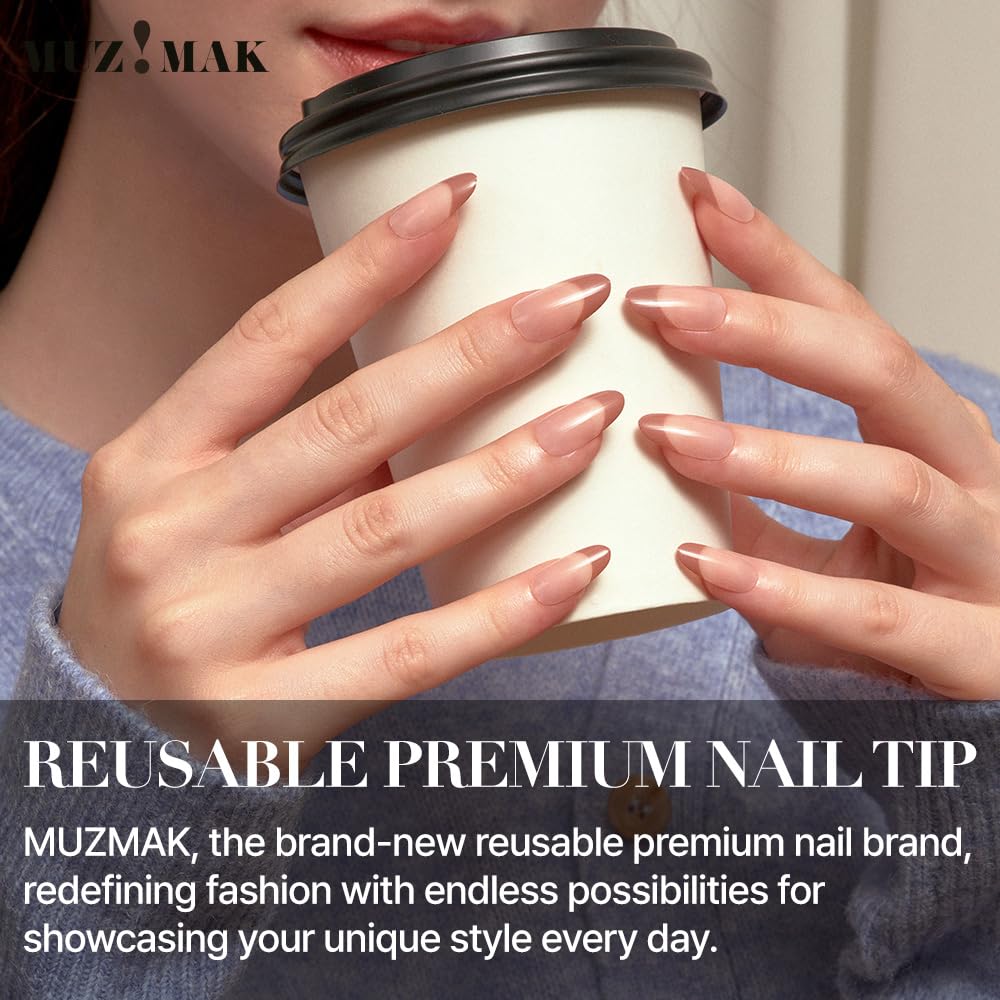 MUZMAK Reusable Press on Nails Long Medium Short 36Pcs Pink Fake Nails with Designs Red french tip Cute Gel (Cafe Latte (Almond))