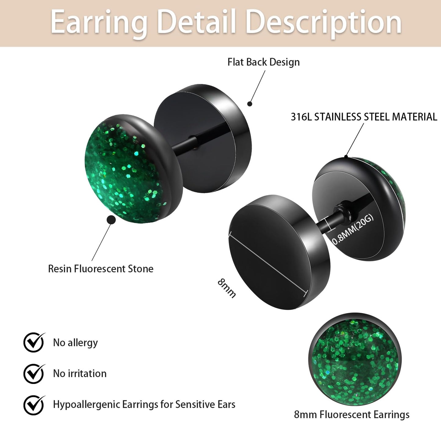 Surgical Stainless Steel Stud Earrings for Women Men Black Gold Plated Fluorescent Flat Back Hypoallergenic Earrings Suitable for Sensitive Ears