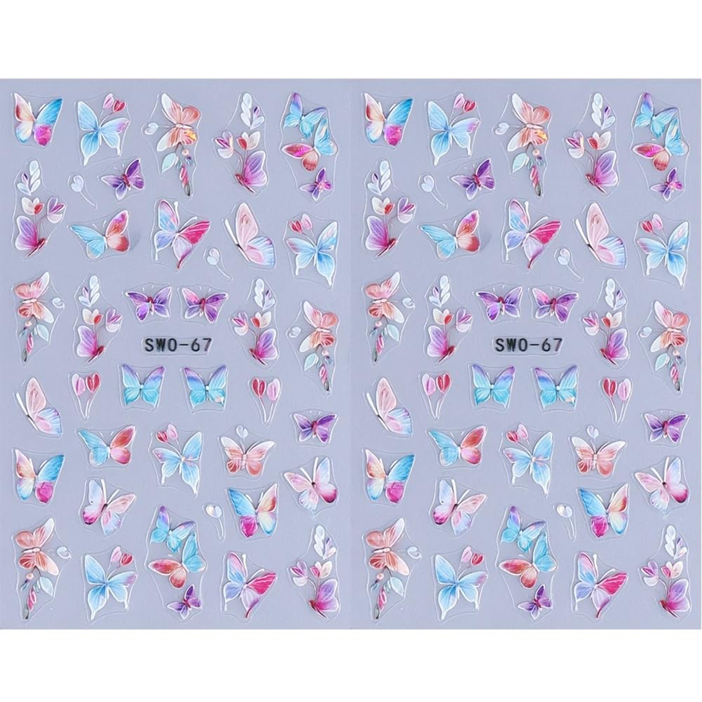 2Pcs 3D Gradient Butterfly Embossed Nail Stickers, Multicolor Butterfly Leaves Nail Decals Cute Spring Summer Manicure DIY Y2K Style Self-Adhesive Gel Decals Sliders Nail Art Decoration Nail Supplies