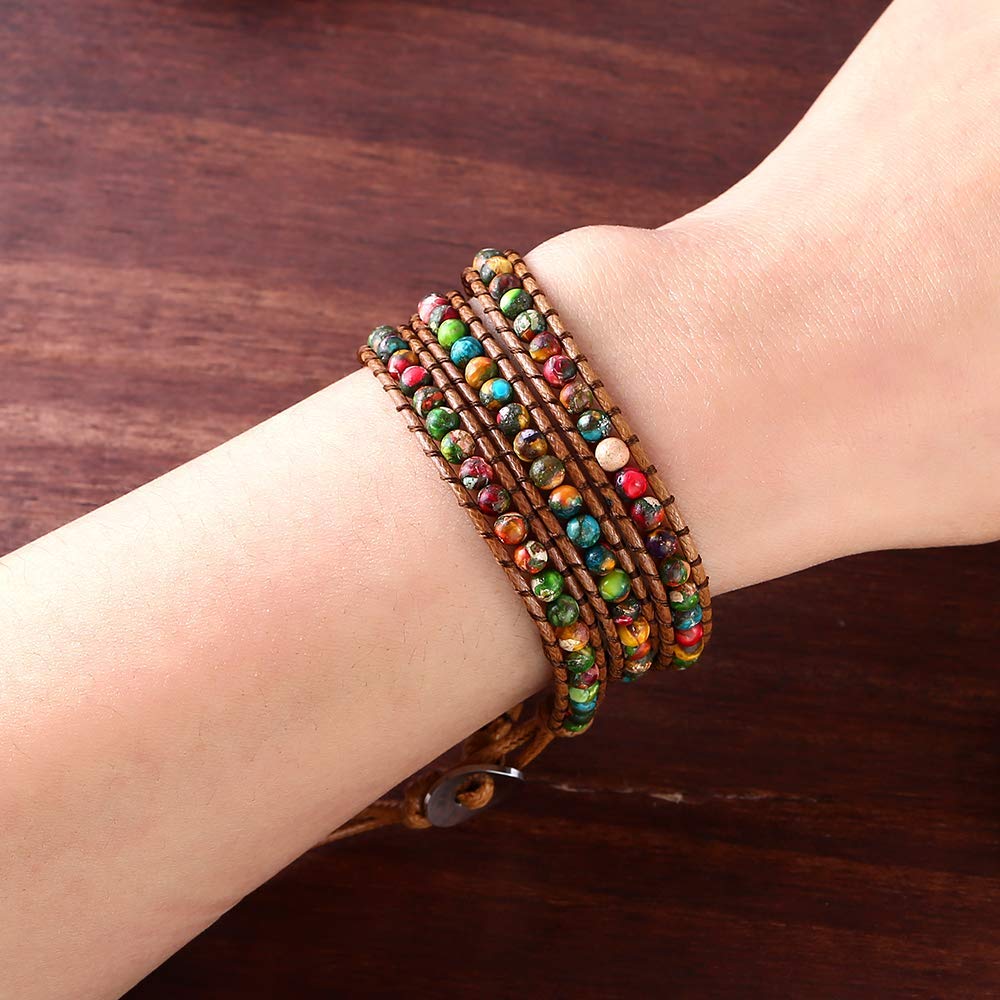 Plumiss Women Natural Imperial Jasper Beaded Vegan 3 Wrap Stackable Bracelet
