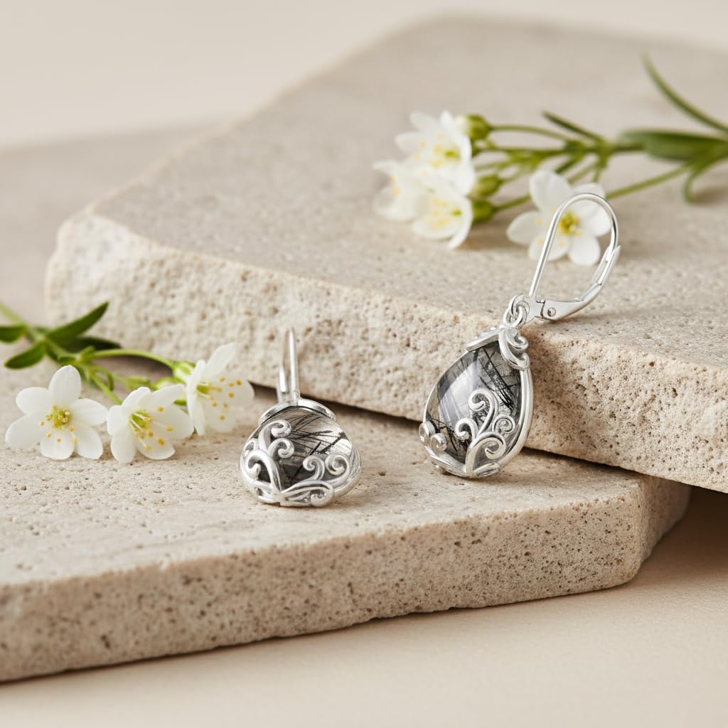 POPLYKE Rutilated Filigree Teardrop Drop Dangle Earrings Sterling Silver Leverback Earrings Black Rutilated Quartz Jewelry Gifts for Women