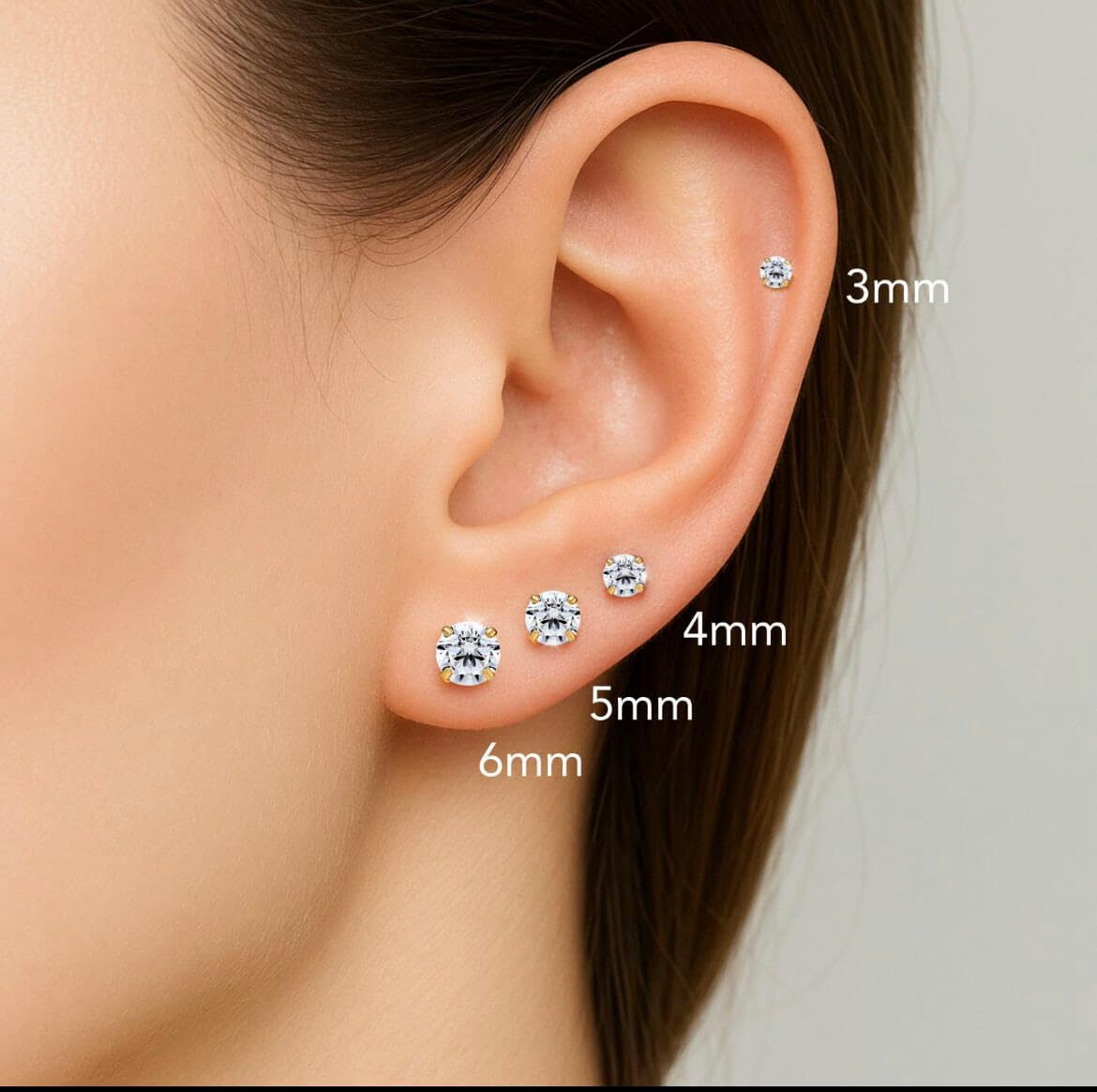 Hypoallergenic Flat Back CZ Stud Earrings, Gold Plated Surgical Steel Secure Screw Back Cartilage Earrings for Women Men with Sensitive Ears | Multiple Piercing,4mm White CZ