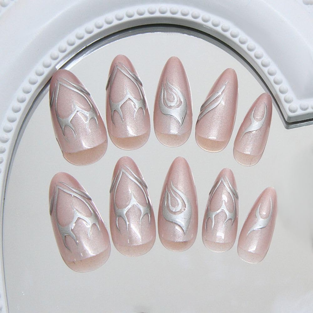 QQPPOLIU Nude Press on Nails Almond Shape Fake Nails Medium False Nails with Striped Design Cute Full Cover Nails 24Pcs