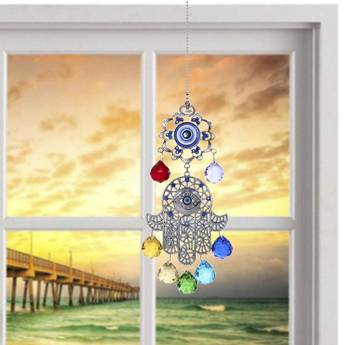 Hamsa Hand with Blue Evil Eye Protection Hanging Crystal Ornament with Chakra Energy Crystal Balls