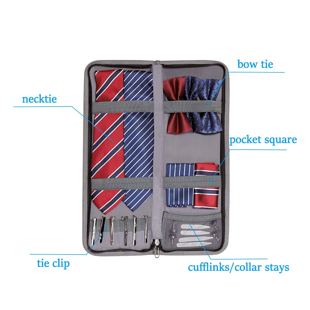 Modoker Tie Organizer Case Bag for Travel, Tie Holder Storage Box for Men Gift Necktie Carrier with Pockets for Cufflinks & Collar Stays, Rigid Anti-Wrinkle Ties Bag Fits 4–6 Ties, Grey