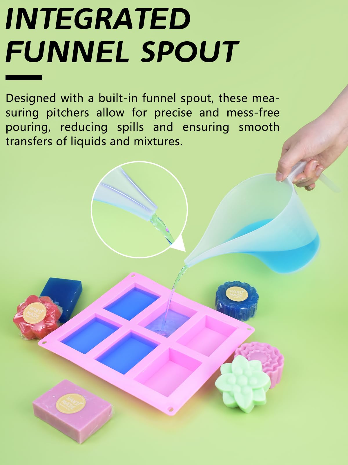 Artcome Funnel Pitcher Set - 4 Pack, 1000ml Plastic Measuring Pitchers with Funnels, 4 Stirring Rods, and 15 Small Measuring Cups for Soap Making, Resin Casting, Baking, and DIY Crafts