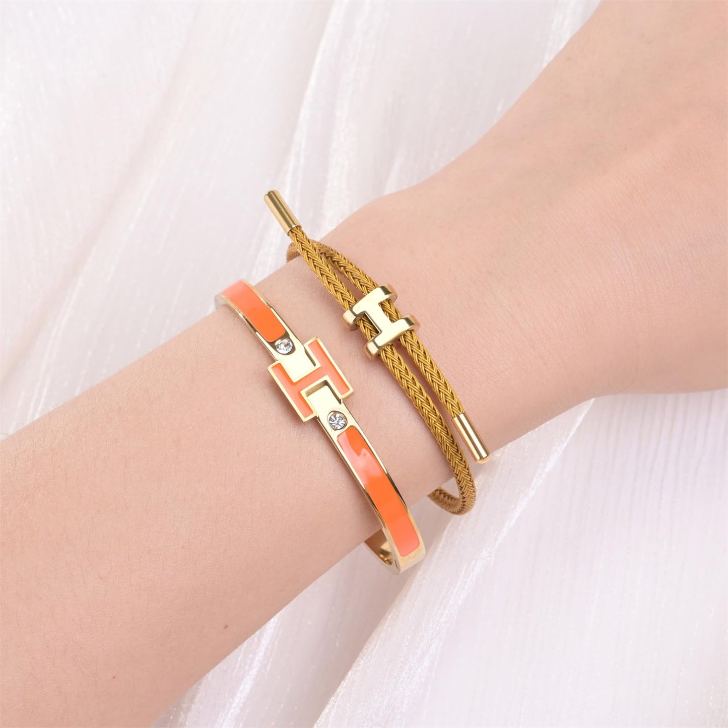 Hothink H Bracelets for Women,H Bangle and H Wire Rope Bracelet Set,Dainty 18K Gold Plated Bracelets Set for Christmas Mothers Day Gifts for Women (Gold-Orange)