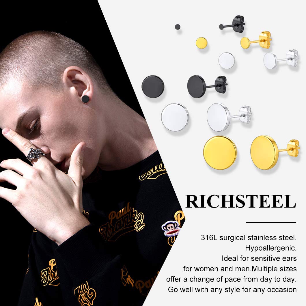 Mens Womens Round Stud Earrings Set 6 Pairs Stainless Steel Ear Piercing Hip Hop Style Earring Jewelry